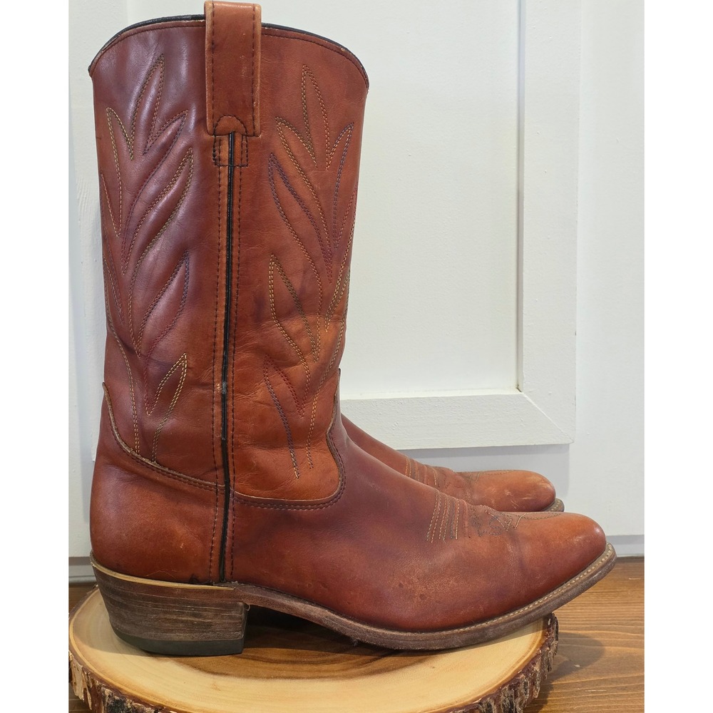 VTG 70s Double H Brown Leather Western Cowboy Boots Multi Color Stitching 10.5D